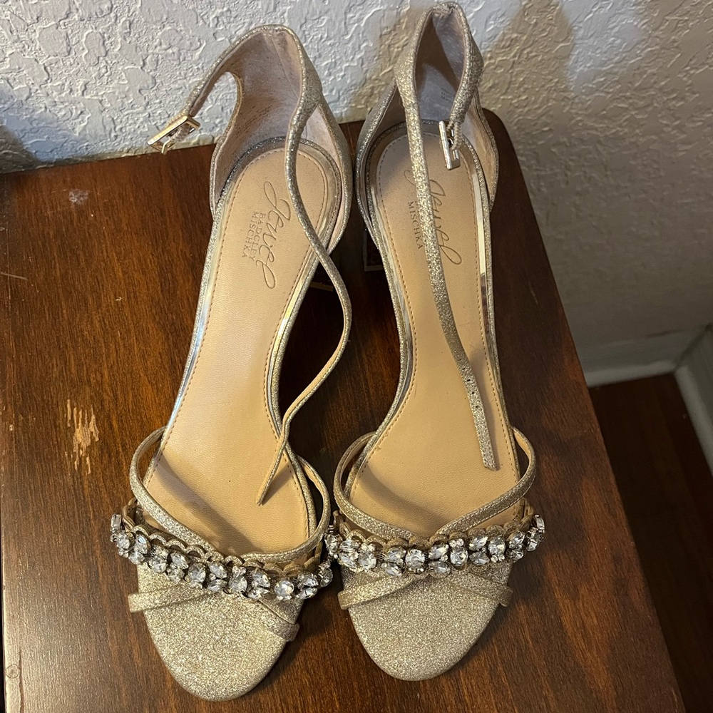 Jewel Badgley Mishka Gold Glitter Heels with Rhinestone Accents